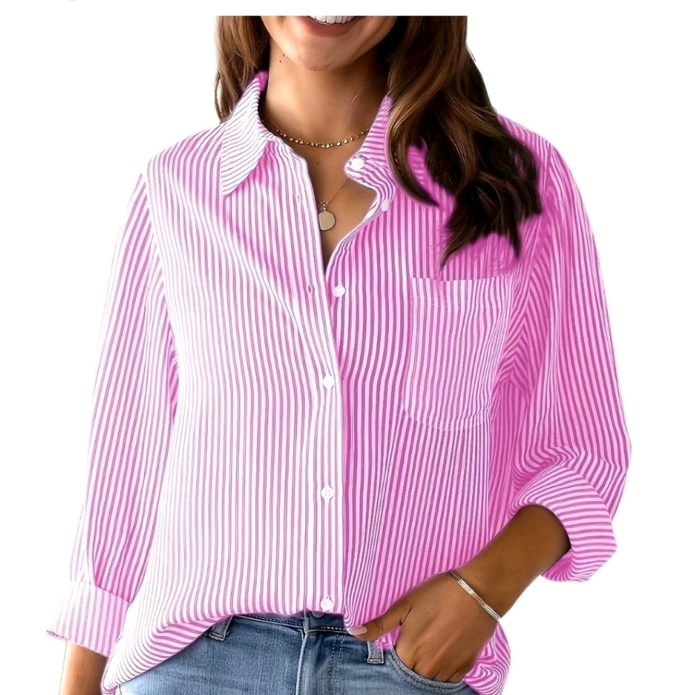 NWT Pink White Stripe Button Down Long Sleeve Blouse Size 2XL‎ One Pocket